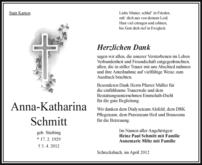  Traueranzeige für Anna-Katharina Schmitt vom 28.04.2012 aus HNA