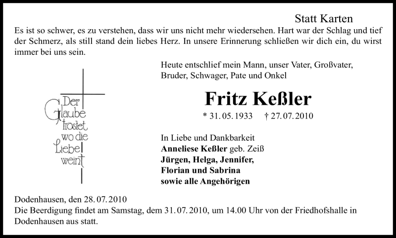  Traueranzeige für Fritz Keßler vom 29.07.2010 aus HNA