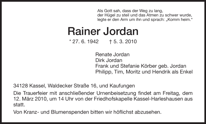 Traueranzeige für Rainer Jordan vom 10.03.2010 aus HNA