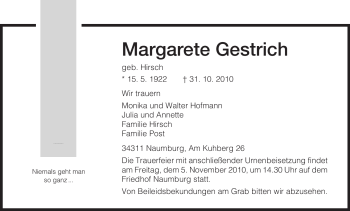 Traueranzeige von Margarete Gestrich von HNA