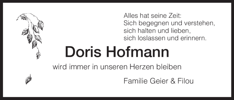 Traueranzeige für Doris Hofmann vom 02.05.2011 aus HNA