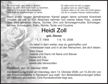 Traueranzeige von Heidi Zoll von HNA