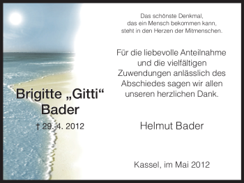 Traueranzeige von Brigitte Bader von HNA