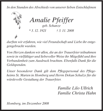 Traueranzeige von Amalie Pfeiffer von HNA