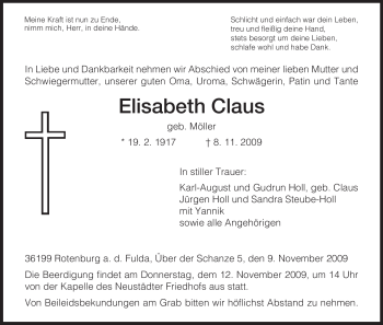 Traueranzeige von Elisabeth Claus von HNA
