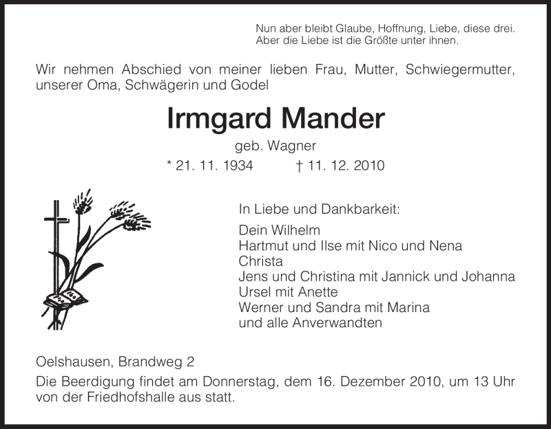  Traueranzeige für Irmgard Mander vom 14.12.2010 aus HNA