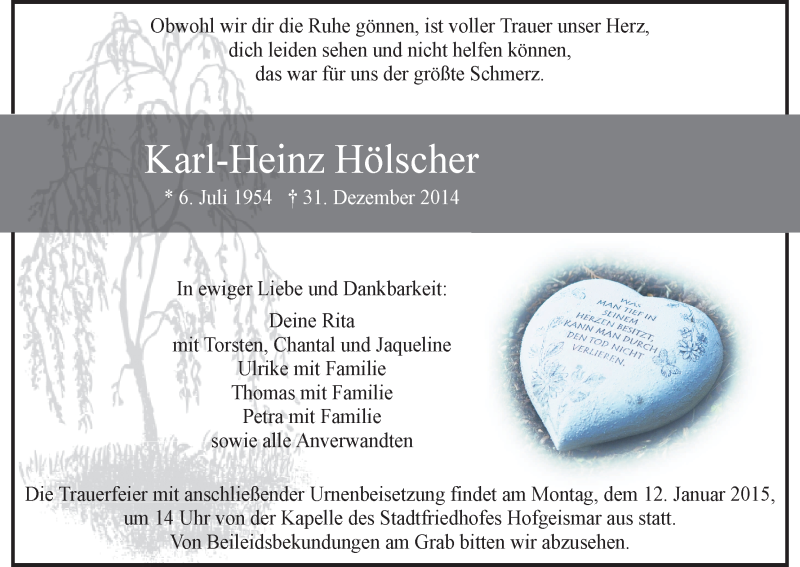  Traueranzeige für Karl-Heinz Hölscher vom 07.01.2015 aus HNA