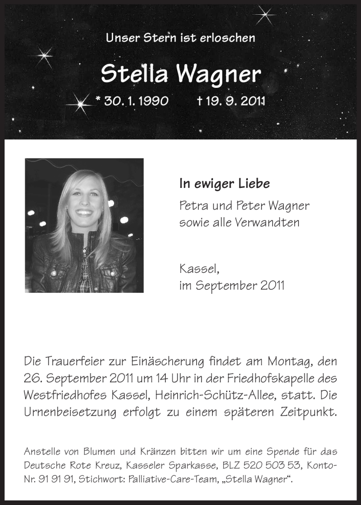  Traueranzeige für Stella Wagner vom 24.09.2011 aus HNA