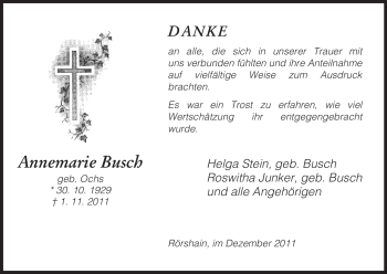 Traueranzeige von Annemarie Busch von HNA