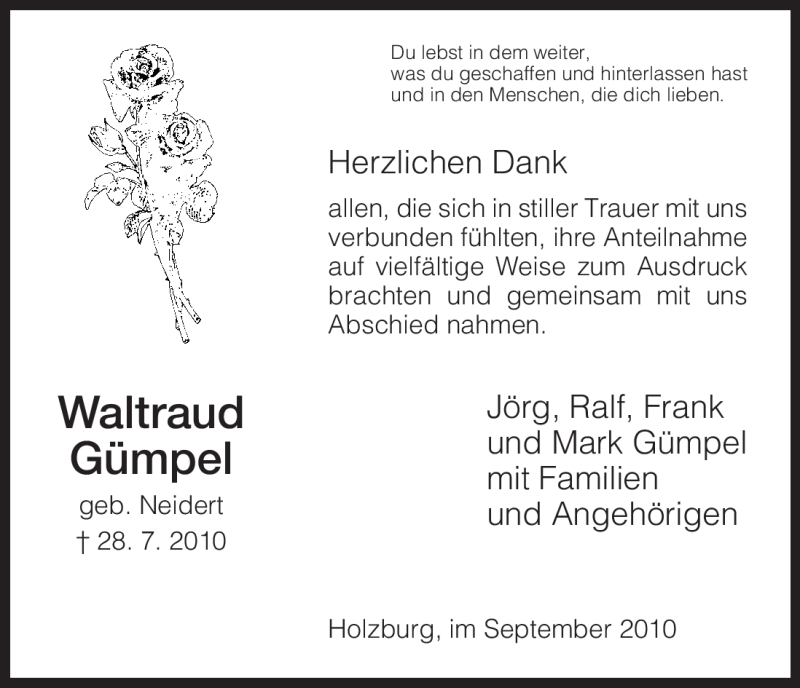  Traueranzeige für Waltraud Gümpel vom 11.09.2010 aus HNA