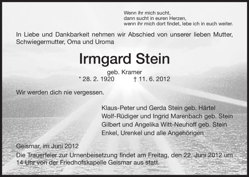  Traueranzeige für Irmgard Stein vom 16.06.2012 aus HNA