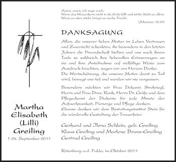 Traueranzeige von Martha Elisabeth Greiling von HNA