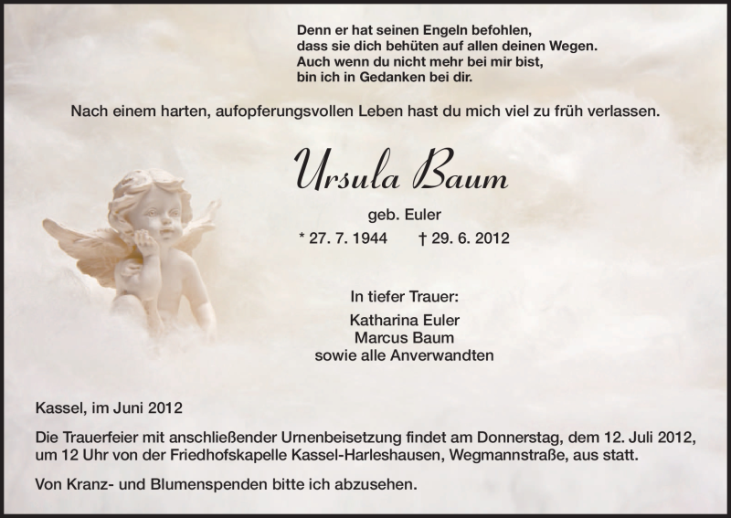  Traueranzeige für Ursula Baum vom 04.07.2012 aus HNA