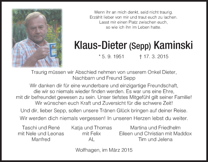  Traueranzeige für Klaus-Dieter Kaminski vom 21.03.2015 aus HNA