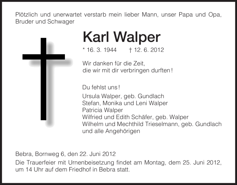  Traueranzeige für Karl Walper vom 22.06.2012 aus HNA