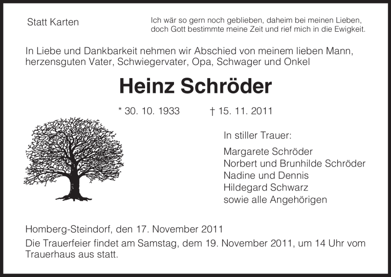  Traueranzeige für Heinz Schröder vom 17.11.2011 aus HNA