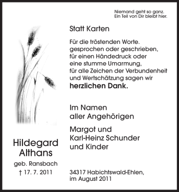 Traueranzeige von Hildegard Althans von HNA