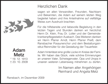 Traueranzeige von Adam Metz von HNA