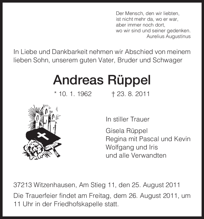  Traueranzeige für Andreas Rüppel vom 25.08.2011 aus HNA