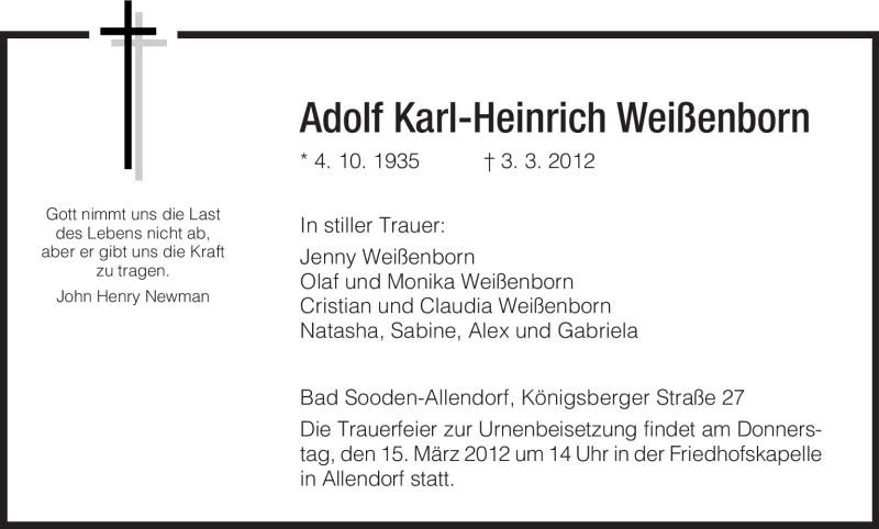  Traueranzeige für Adolf Karl-Heinrich Weißenborn vom 13.03.2012 aus HNA