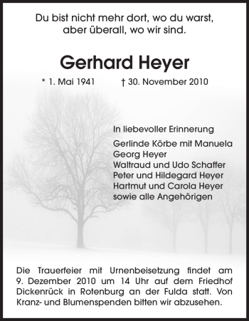 Traueranzeige von Gerhard Heyer von HNA