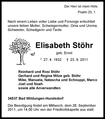Traueranzeige von Elisabeth Stöhr von HNA