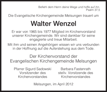 Traueranzeige von Walter Wenzel von HNA