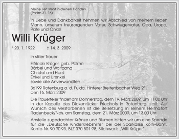 Traueranzeige von Willi Krüger von HNA