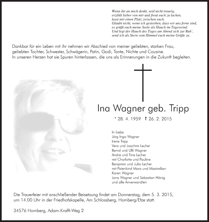  Traueranzeige für Ina Wagner vom 02.03.2015 aus HNA