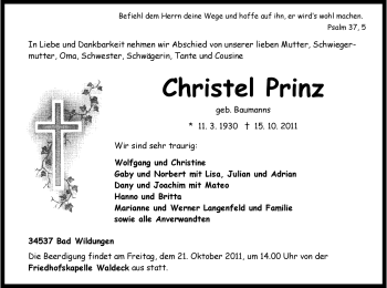 Traueranzeige von Christel Prinz von HNA