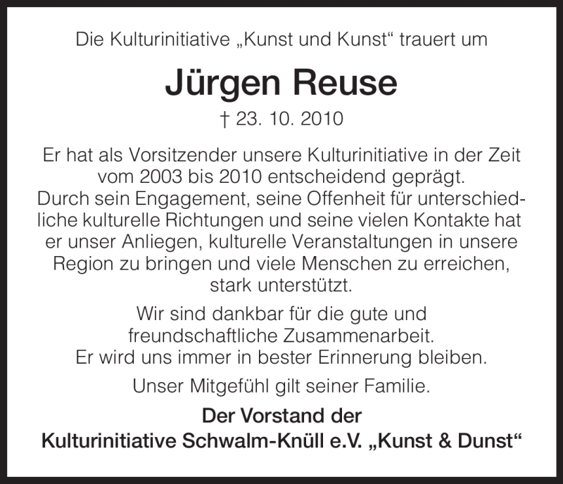  Traueranzeige für Jürgen Reuse vom 02.11.2010 aus HNA