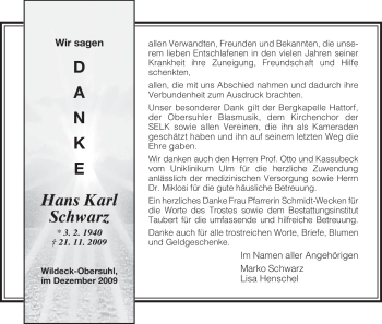 Traueranzeige von Hans Karl Schwarz von HNA