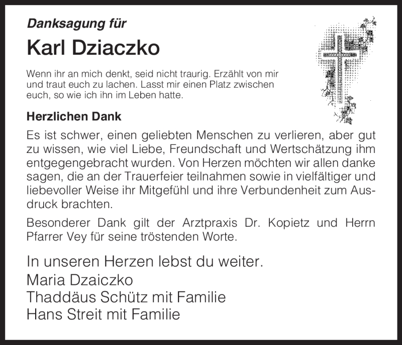  Traueranzeige für Karl Dziaczko vom 28.02.2009 aus HNA