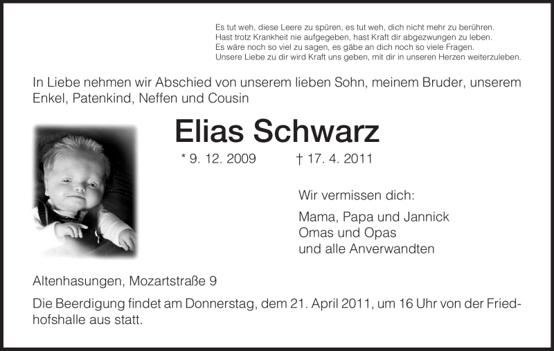  Traueranzeige für Elias Schwarz vom 19.04.2011 aus HNA