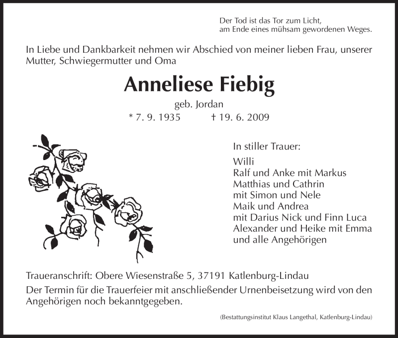  Traueranzeige für Anneliese Fiebig vom 23.06.2009 aus HNA