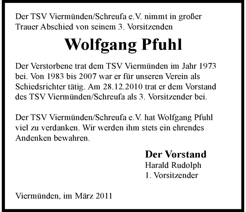  Traueranzeige für Wolfgang Pfuhl vom 25.03.2011 aus HNA