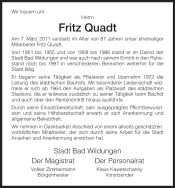 Traueranzeige von Fritz Quadt von HNA