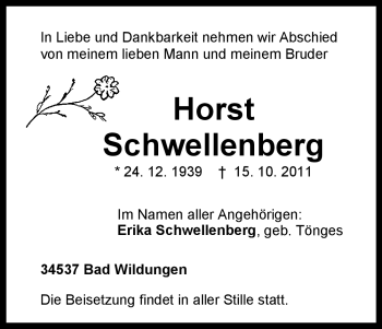 Traueranzeige von Horst Schwellenberg von HNA