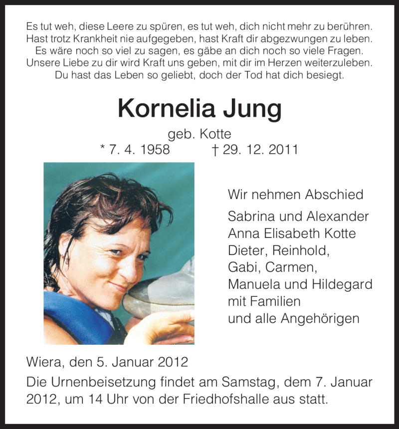  Traueranzeige für Kornelia Jung vom 05.01.2012 aus HNA