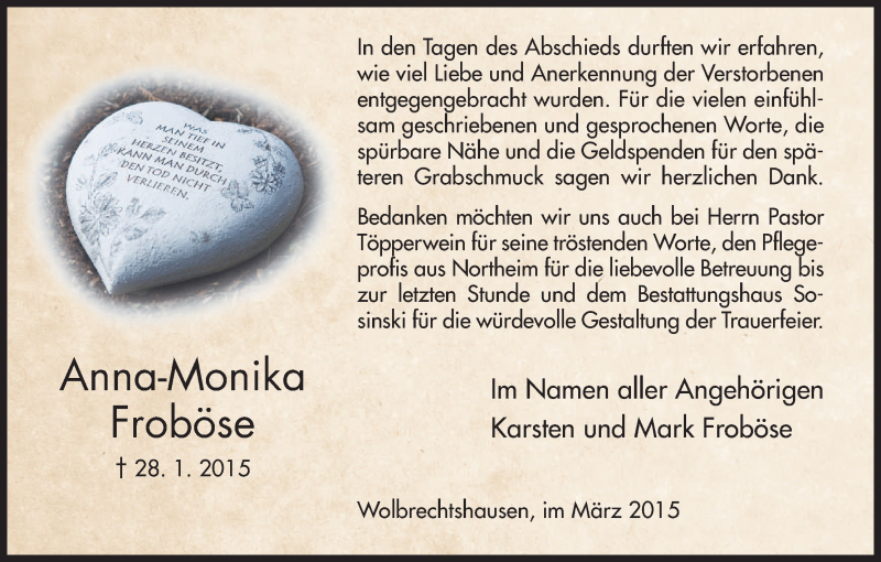  Traueranzeige für Anna-Monika Froböse vom 07.03.2015 aus HNA
