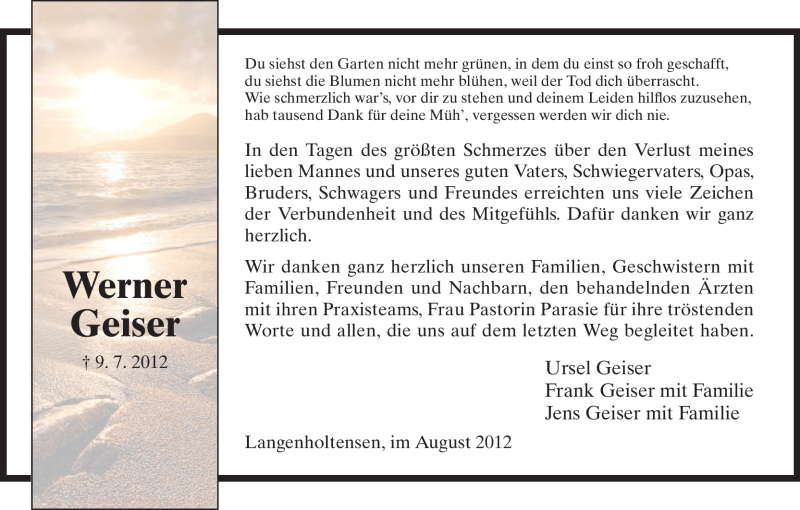  Traueranzeige für Werner Geiser vom 18.08.2012 aus HNA