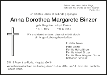 Traueranzeige von Anna Dorothea Margarete Binzer von HNA