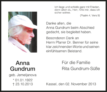 Traueranzeige von Anna Gundrum von HNA