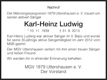 Traueranzeige von Karl-Heinz Ludwig von HNA