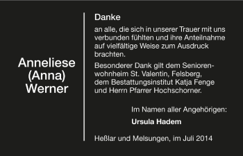 Traueranzeige von Anneliese  Werner von HNA