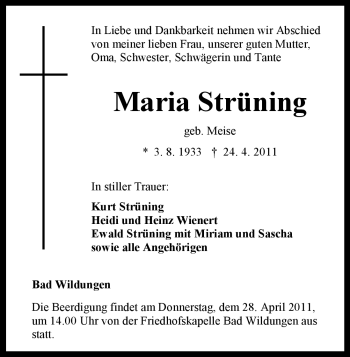 Traueranzeige von Maria Strüning von HNA