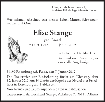 Traueranzeige von Elise Stange von HNA