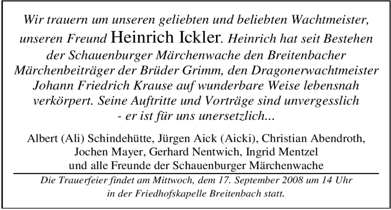  Traueranzeige für Heinrich Ickler vom 13.09.2008 aus HNA