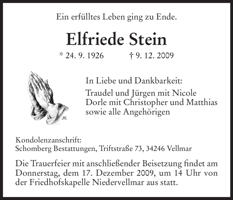  Traueranzeige für Elfriede Stein vom 14.12.2009 aus HNA