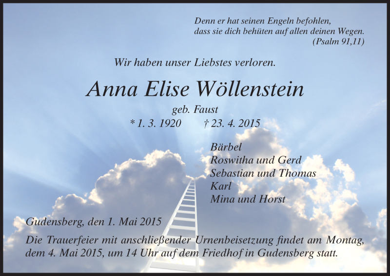 Traueranzeige für Anna Elise Wöllenstein vom 01.05.2015 aus HNA